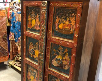 Antique ARMOIRE Cabinet Chest Krishna Hand Painted Ancient Spirituality Love Interior Design