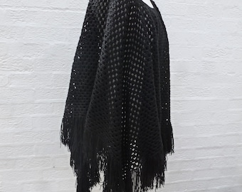 Shawl large black handmade 80s knit cape crochet clothing black poncho womens clothes ladies shawl womens chunky cape vintage gift handmade.