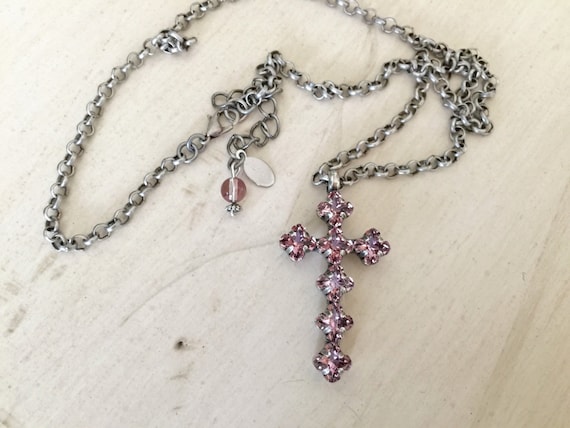 Antique Pink Swarovski Crystal Cross Necklace, Antique Silver