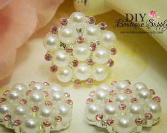 Rhinestone & Pearl buttons PINK Flatback Embellishments - Bridal Supplies flower centers Headbands crystal bouquet 5 pcs 23mm 194047
