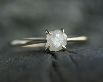 Rough Diamond Engagement Ring. Raw Diamond Ring. White Diamond Ring. Raw White Diamond Ring. Rose Gold Diamond Engagement Ring.