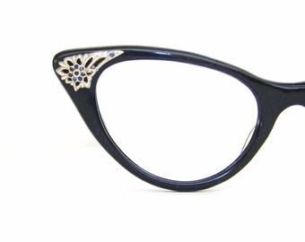 Vintage 50s Black Cat Eye Frame with Blue Rhinestones Frame France