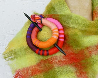 Bright shawl brooch, Ponytail holder, Stick slide fork, Geometric hair clip, Bold bun hair clamp, Statement barrette thick hair pink orange