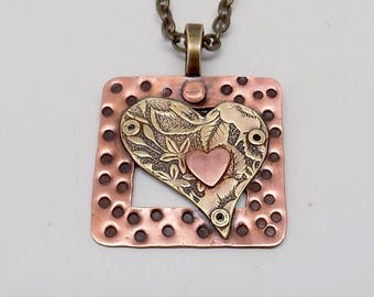 Mixed metal jewelry pendant necklace. Steampunk jewelry pendant.