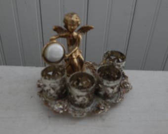 Sam Fink Style Filigree Ormolu Cherub Lipstick Holder - Mid Century Dresser Vanity Accessory in Gold with Faux Pearl - Holds Four Lipsticks