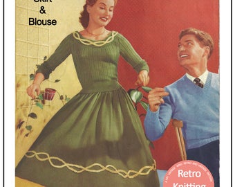 1950's Skirt and Scoop Neck Sweater Knitting Pattern - PDF Knitting Pattern - Pdf Instant Download