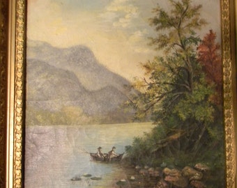 Vintage Antique Oil on Canvas Hudson River Painting