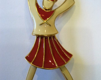 Vintage Signed Trifari Red and Cream Enamel Figural Cheerleader Sailor Brooch Pin