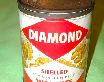 Diamond shelled California walnuts vintage tin can metal peanuts