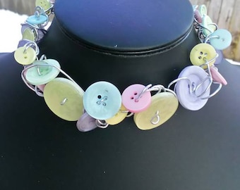 Pastel Coloured Button & Wire Upcycled Statement Choker Reduced to Clear - Sale!