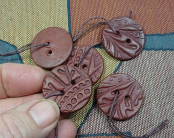 Handmade Stoneware Clay Buttons, Patterned with Intaglio Designs, Enhanced with Terra Sigillata, Great Jewelry Components or Fiber Closures