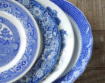 Mismatched Blue and White Dinner Plates for Weddings Set of 4 English Blue Transferware English China, Rustic Replacement China