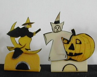 Bakelite Halloween Party Name Card Holders Witch Riding Broom with a Crescent Moon Pumpkins Ghost 4