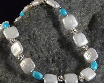 Pearl Necklace with Sleeping Beauty Turquoise
