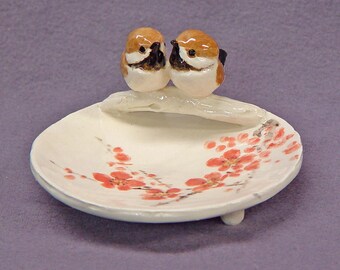 Handmade Ceramic Trinket Dish with Love Birds - Ring Holder, Jewelry Holder, Love Birds, Wedding Gift Anniversary Gift Romantic Art