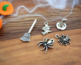 5 halloween witch broom Halloween silver B55 spider Hat charms