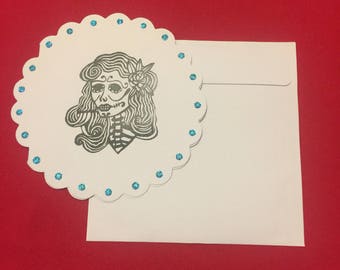 Round catrina Sugar skull Skeleton Hand stamped Card Set