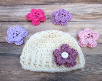 Baby Hat, Baby Girl Hat, Baby Flower Hat, Crochet Toddler Hat, Interchangeable Flowers, Newborn Girl Hat, Baby Girl Beanie, Infant Girl Hat