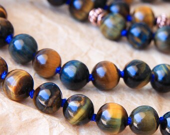 Mala Prayer Beads, Yoga Jewelry, Mantra Beads, Japa Mala 108, Blue and Yellow Tiger Eye For Goal Accomplishment & Stress Relief