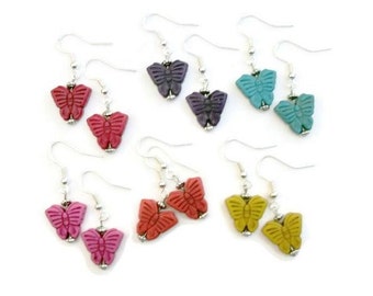 Butterfly Silver Dangle Earrings / Red Pink Orange Yellow Green Blue Purple / Butterfly Lover Earrings Jewelry Gift Under 5