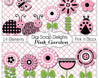 SALE! Pink and Black Ladybugs, Flower, Garden Clip Art for Digital Scrapbooking, Card Making, Party Printables, Instant Download