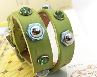 Celery Green Leather Dog Collar with Crystals and Industrial Studs, Size XS, to fit a 8-10in Neck, Tiny Dog Collar, USA Seattle Handmade