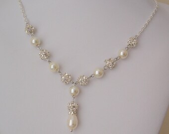 25% off - Wedding Necklace Pearl Rhinestone Bridal Necklace, Pearl Y Drop Necklace, Bridal Y Necklace-Ivory White Pearl-Pearl Bridal Jewelry