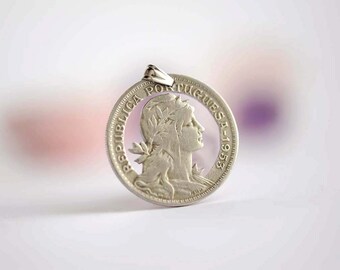 Portugal Cut Coin Necklace. 50 Centavos, 1953.