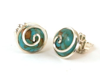 Turquoise Silver Stud Earrings, Wire Wrapped Spiral Earrings, Turquoise Gemstone Post Earrings, 915 Argentium Silver Stud Earrings