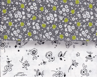 Alice Kennedy Doodle Duo- Timeless Treasures cotton quilt fabric - half yard bundle, floral fabric, grey flower fabric, white flower fabric