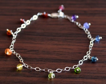 Rainbow Anklet, Child Jewelry, Real Gemstones, Wire Wrapped, Colorful, Sterling Silver Jewelry