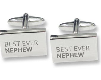 Engraved BEST EVER NEPHEW rectangle cufflinks, rhodium plated - BES10