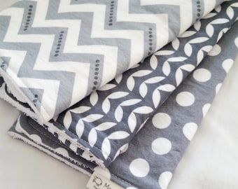 Burp Cloth Gift Set for Baby Girl or Baby Boy - Neutral Modern Essentials - Gray & White Trio II - Set of 3 Burp Rags Chevron Dot Vine