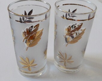 Libbey Gold Leaf Frosted Vintage Tumblers Foiled Maple Leaf 2 glasses