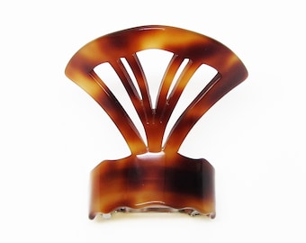 Vintage 80's ponytail holder barrette clip, tortoiseshell cellulose acetate cutout fan-shaped, made in France, new-old-stock