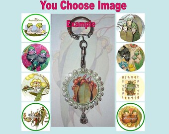 GUMNUT BABIES Keyring Keychain Key Ring Chain You Choose Image & Colours - Bottlecap Gum Nut Snugglepot and Cuddlepie Baby Leaf May Gibbs