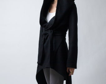 Black Coat with a Hood / Asymmetric Hoody Cardigan / Sweater Hoodie / Black Jacket / Stylish Jacket / Marcellamoda k - MC0075