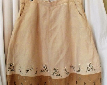 J.Jill Embroidered Skirt/ Linen Cotton Blend Retro M-L Skirt/ Shabbyfab Funwear