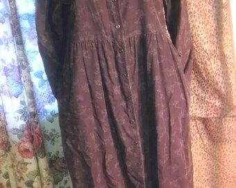 LL Bean VTG plum corduroy floral modest prairie dress w/ pockets