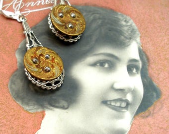 1800s BUTTON earrings, Victorian cut steel swirls on silver. Antique button jewellery.
