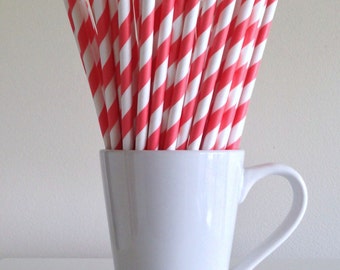 Coral Striped Paper Straws Party Supplies Party Decor Bar Cart Cake Pop Sticks Mason Jar Straws Party Supplies Graduation