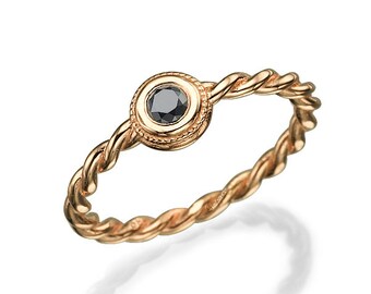 Black Diamond Ring, Rose Gold Ring, Engagement Ring, Braided Ring, Unique Engagement Ring, Art Deco Ring, Anniversary gift, christmas, Sale