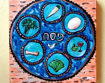 Passover Art, Seder Plate with Peace Dove on Matzos, Original Painting, Canvas, Jewish Gift, Judaica Artwork, Acrylic Painting, Pesach Table