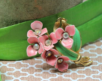 Vintage Pink Enamel and Rhinestone Spring Flower Pin