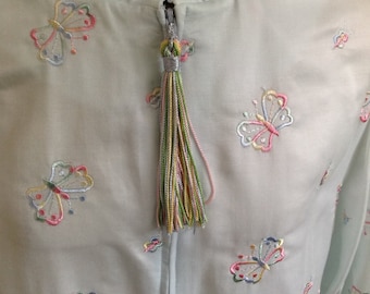 Vintage 80s Cuddleskin Robe, Flo Weinberg Original Front Zip Loungewear, Pale Blue Satin with Butterfly Embroidery, Size Large
