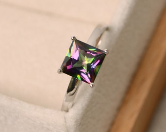 Mystic topaz ring, solitaire ring, princess cut, rainbow ring