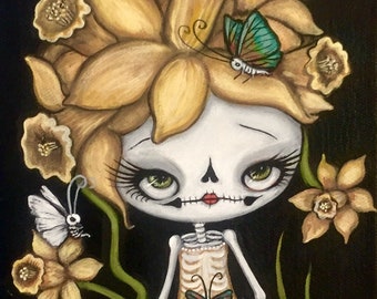 skeleton daffodil sugar skull butterfly Wall Art ---spring flower original painting 6 x 12