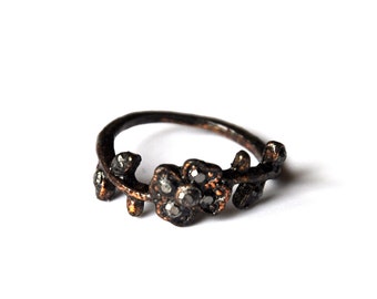Flower ring and copper vintage black and rhinestone branches. glamorous jewelry women gift