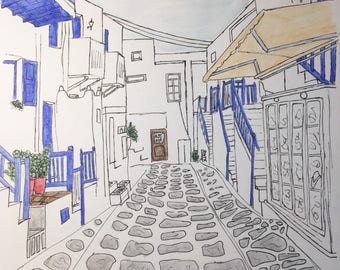 CUSTOM ORIGINAL ARTWORK - Urban Sketch - Pen and Ink Illustration - Watercolor Painting - Custom Art Print