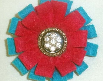 Fuschia and Turquoise Felt Flower Brooch Accessory